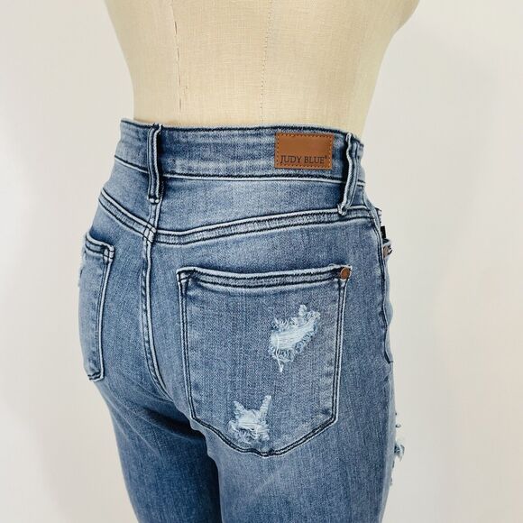 Judy Blue Straight Fit Jeans Women's Size 5 27 Mid Rise Ripped Knee Raw Hem - Picture 9 of 13